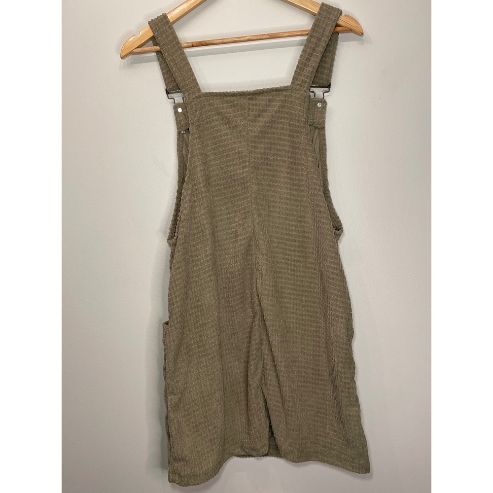 Women's Olive Taupe Waffle Knit Pinafore Dress Mini Overall Style Size L Pockets - Picture 2 of 8